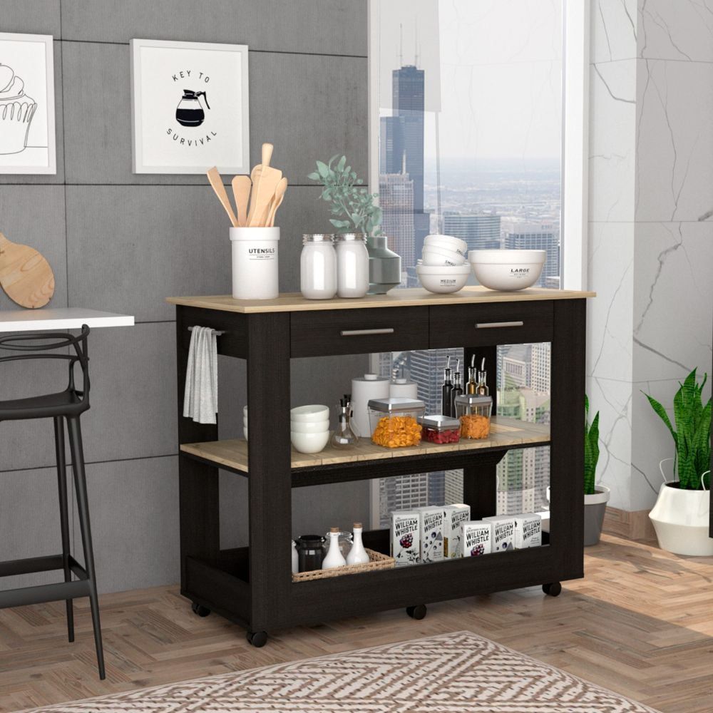 Cala 46" Black and Light Oak Kitchen Island with Drawers and Shelves