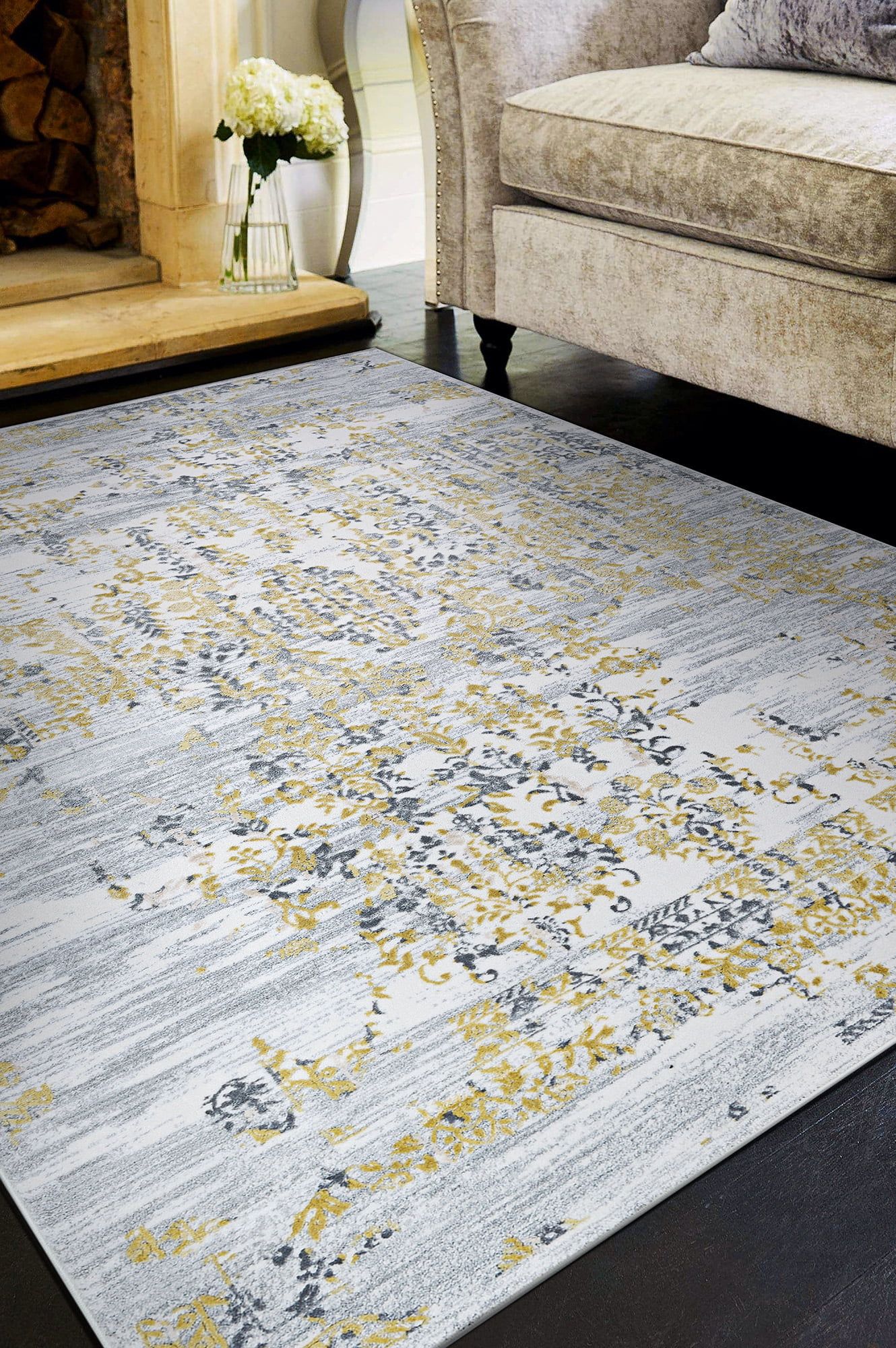 Calinda Gold Silver Ivory Floral Rectangular Area Rug