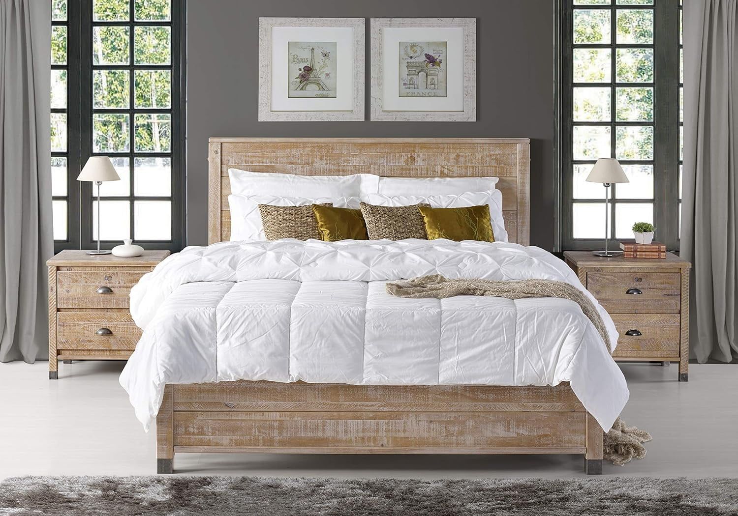 Barnwood Full Pine Wood Platform Bed with Upholstered Headboard