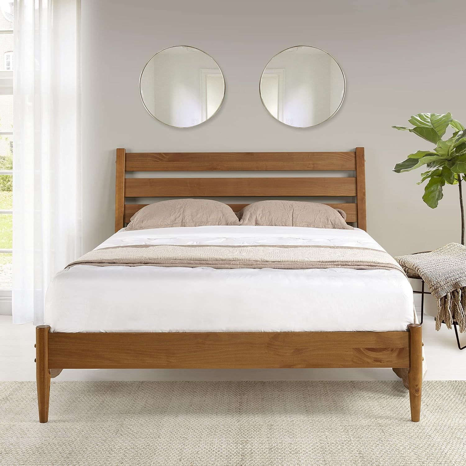 Castanho Brown Mid-Century Modern Queen Platform Bed with Slatted Headboard