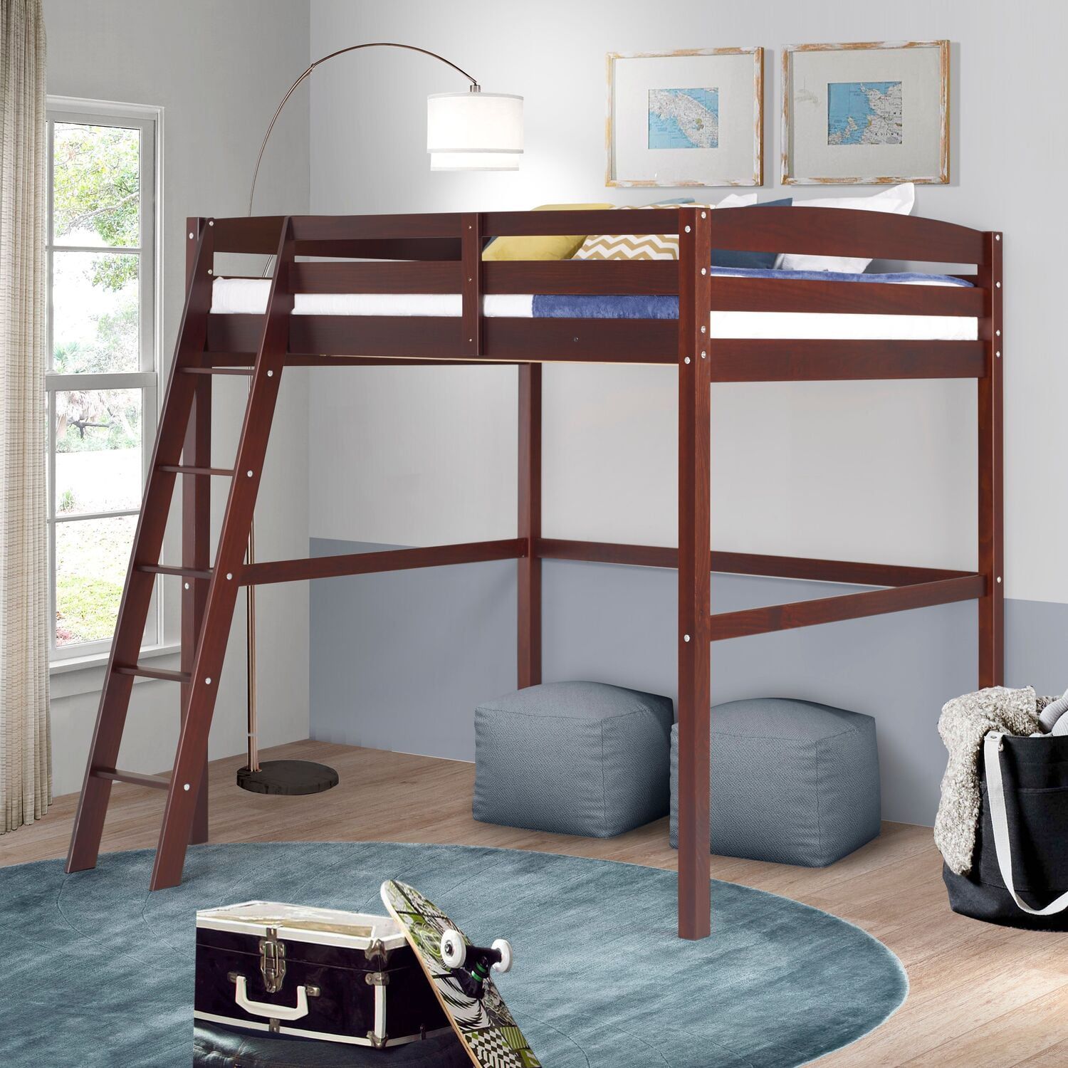 Cappuccino Twin Pine Wood Loft Bed with Ladder and Guard Rails