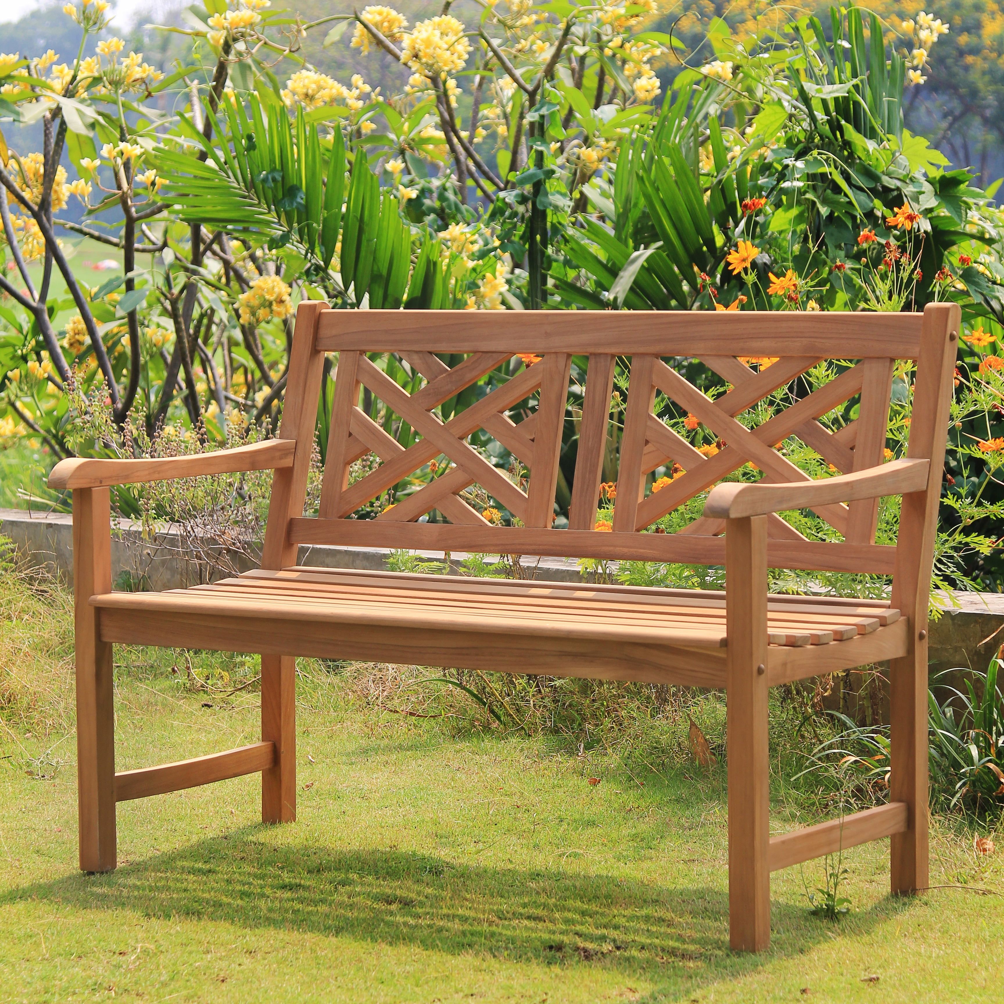 Isla 4-Foot Natural Teak Wood Patio Bench with Cross-Hatch Back