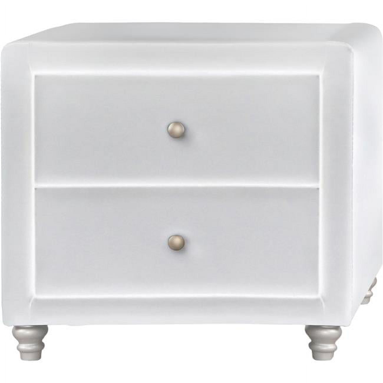 Sleek White Faux Leather 2-Drawer Nightstand with Brushed Nickel Pulls