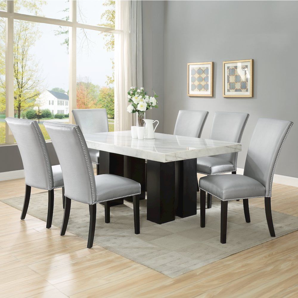 Espresso Finish Marble Top Dining Set with Silver Faux Leather Chairs