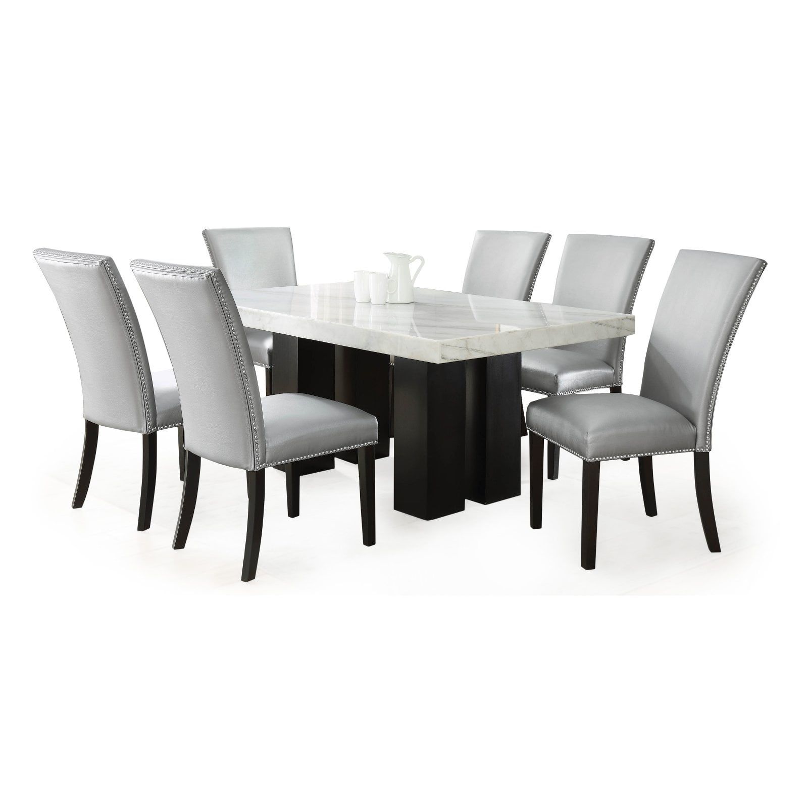 Espresso Finish Marble Top Dining Set with Silver Faux Leather Chairs