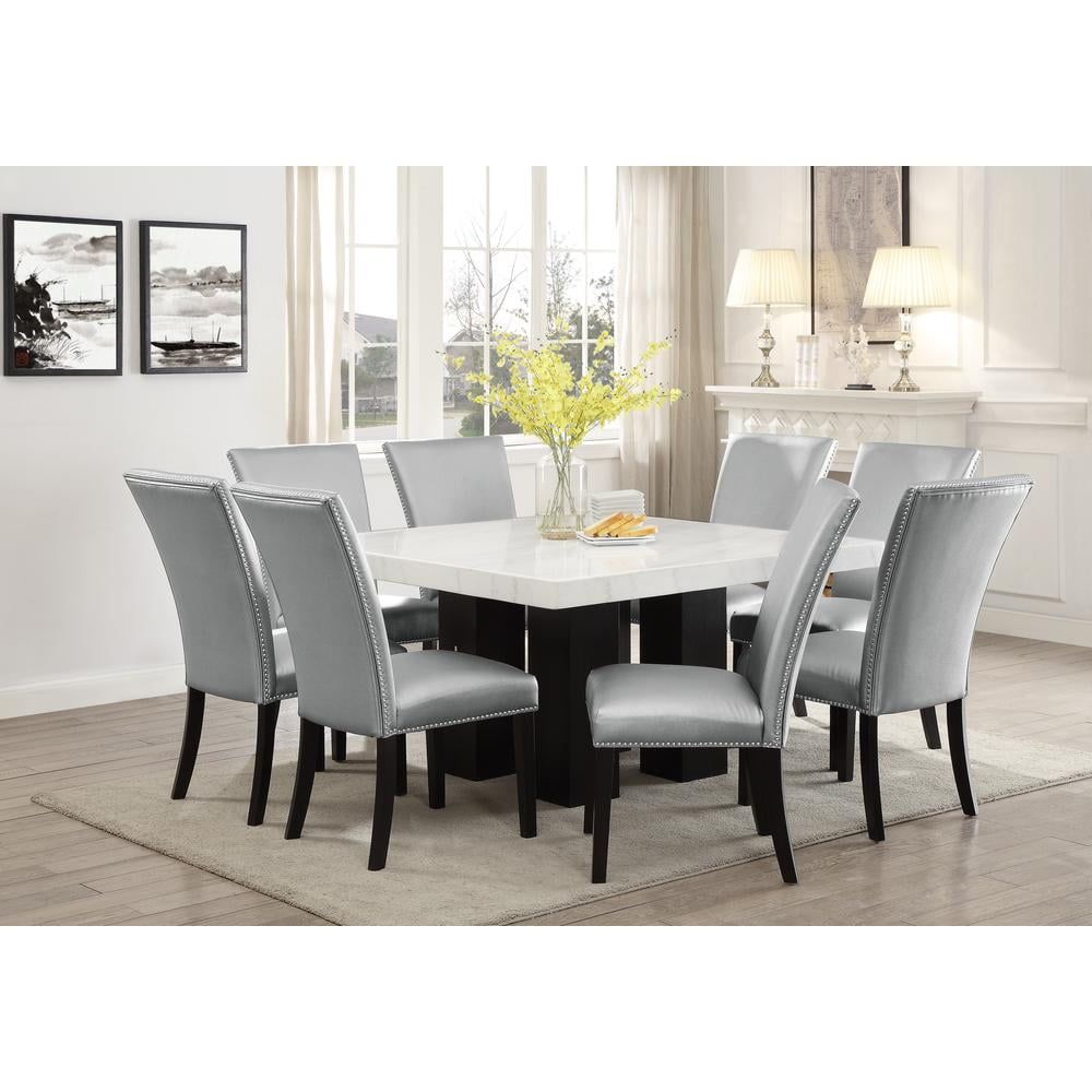 Camila White Marble Top Square Dining Set with Silver Faux Leather Chairs