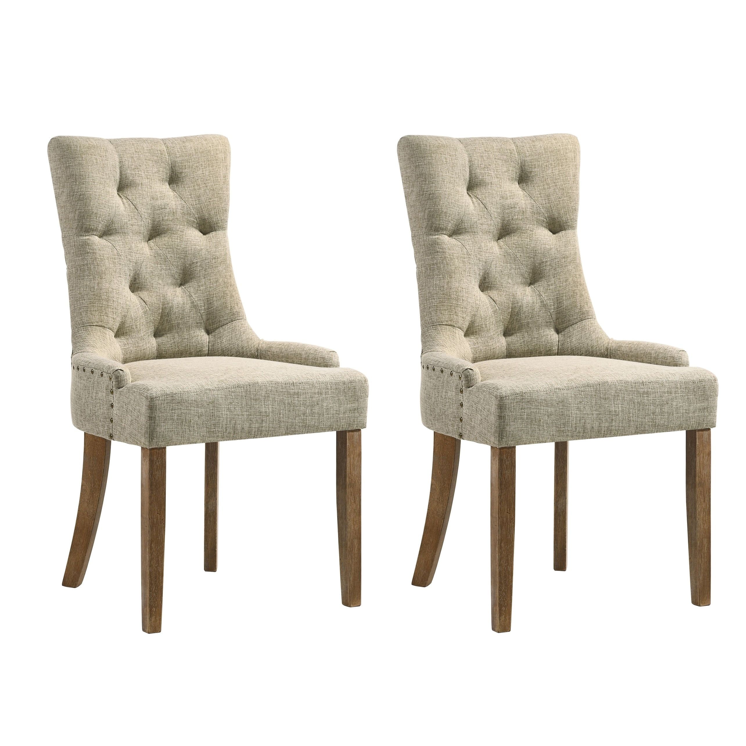 Beige Upholstered Tufted Parsons Side Chairs with Salvaged Oak Legs