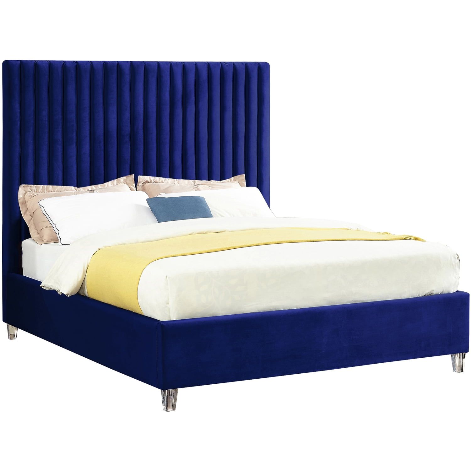 Navy Velvet Queen Bed with Tufted Upholstered Headboard