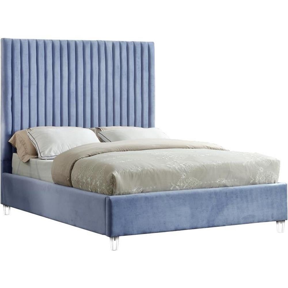 Candace Sky Blue Velvet Full/Double Bed with Tufted Upholstery