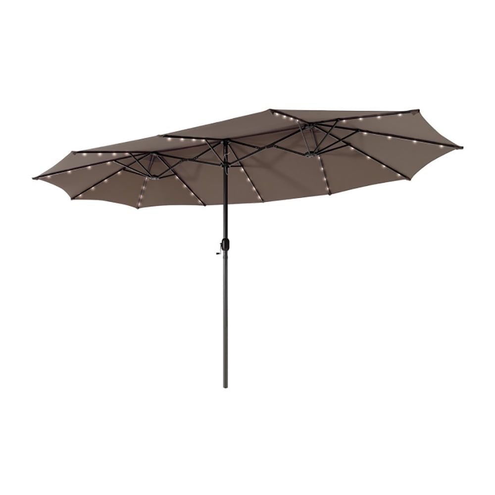 15 ft Light Brown Steel Twin Patio Umbrella with Solar LED Lights