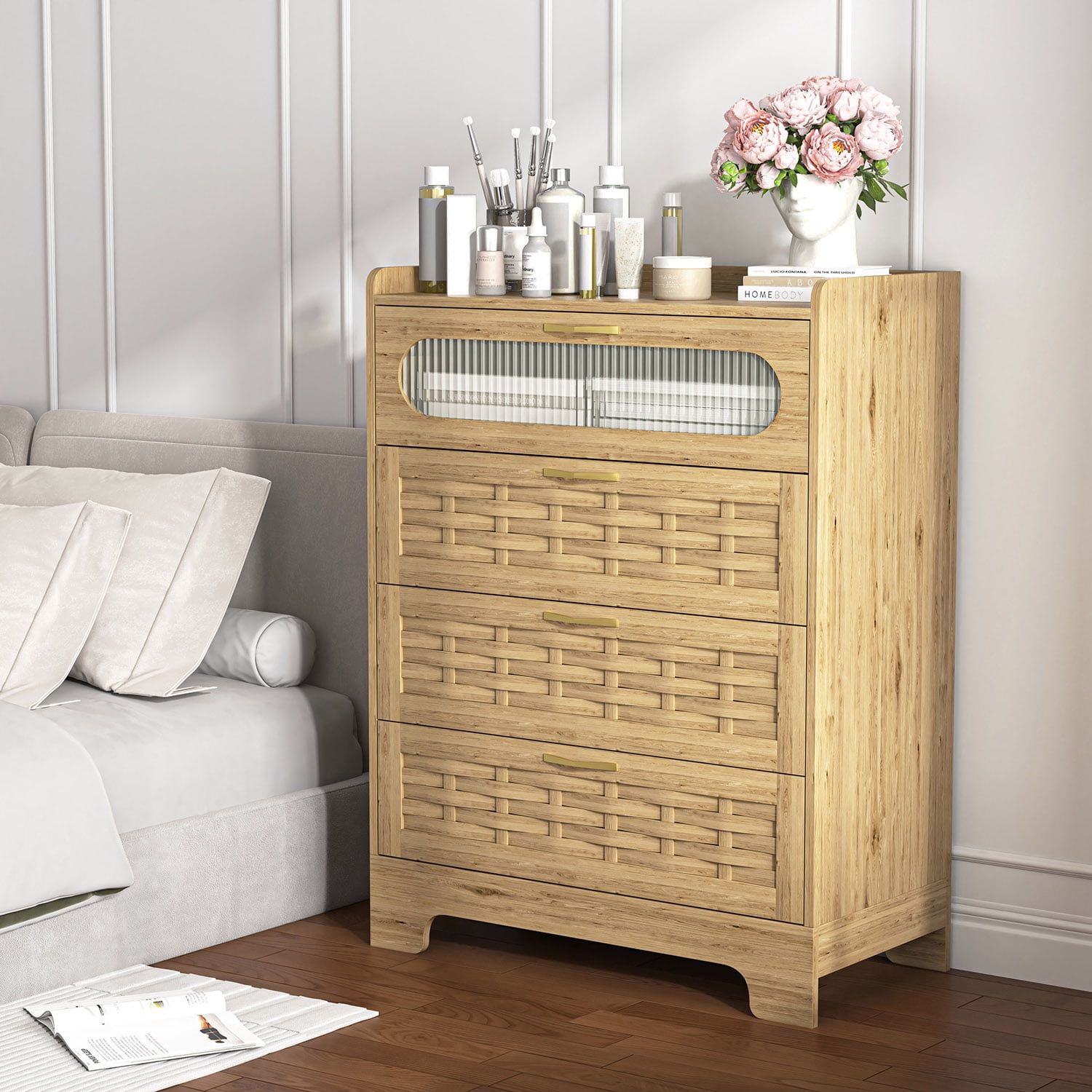 Natural Brown MDF and Wood Nursery Dresser with Woven Design