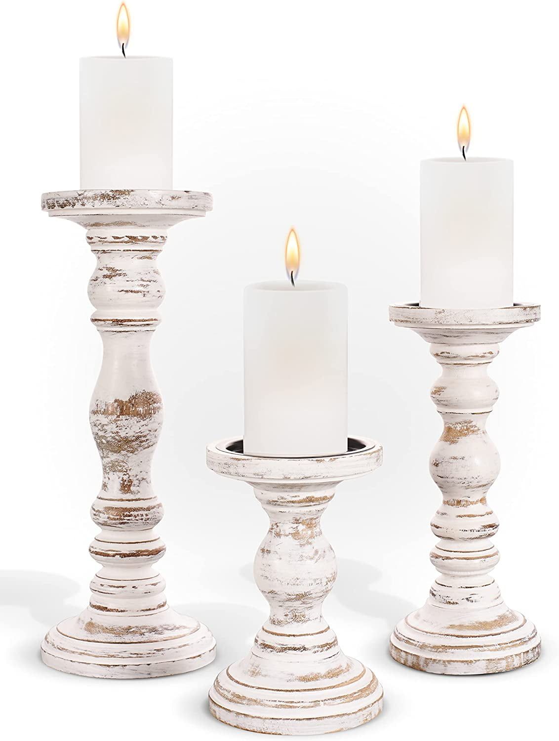 Handmade White Distressed Wood Pillar Candle Holders Set