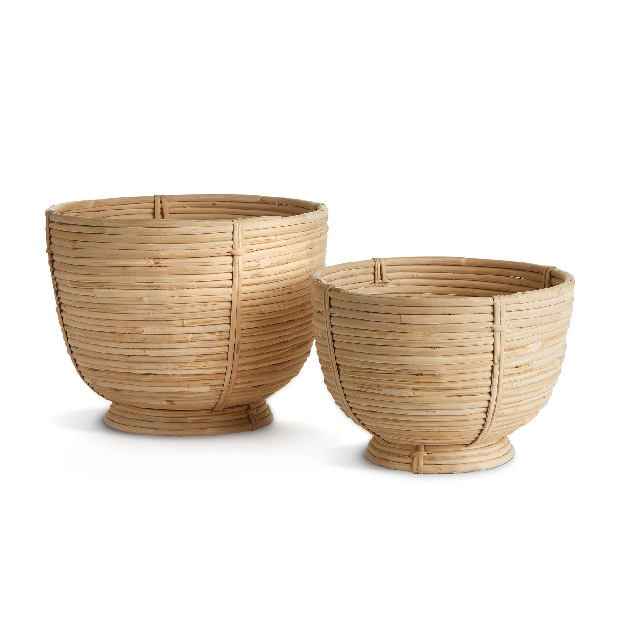 Mod Cane Rattan Light Finish Footed Decor Bowls, Set of 2