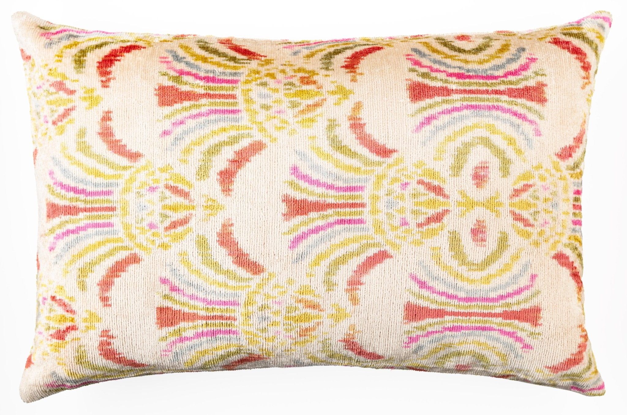 Handmade Beige and Pink Velvet Silk Ikat Pillow with Down Insert