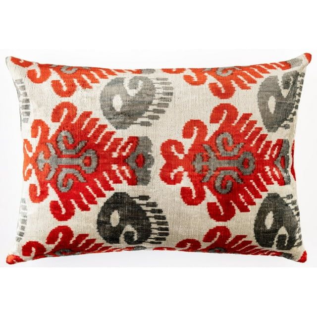 Gray and Red Silk Velvet Rectangular Lumbar Pillow