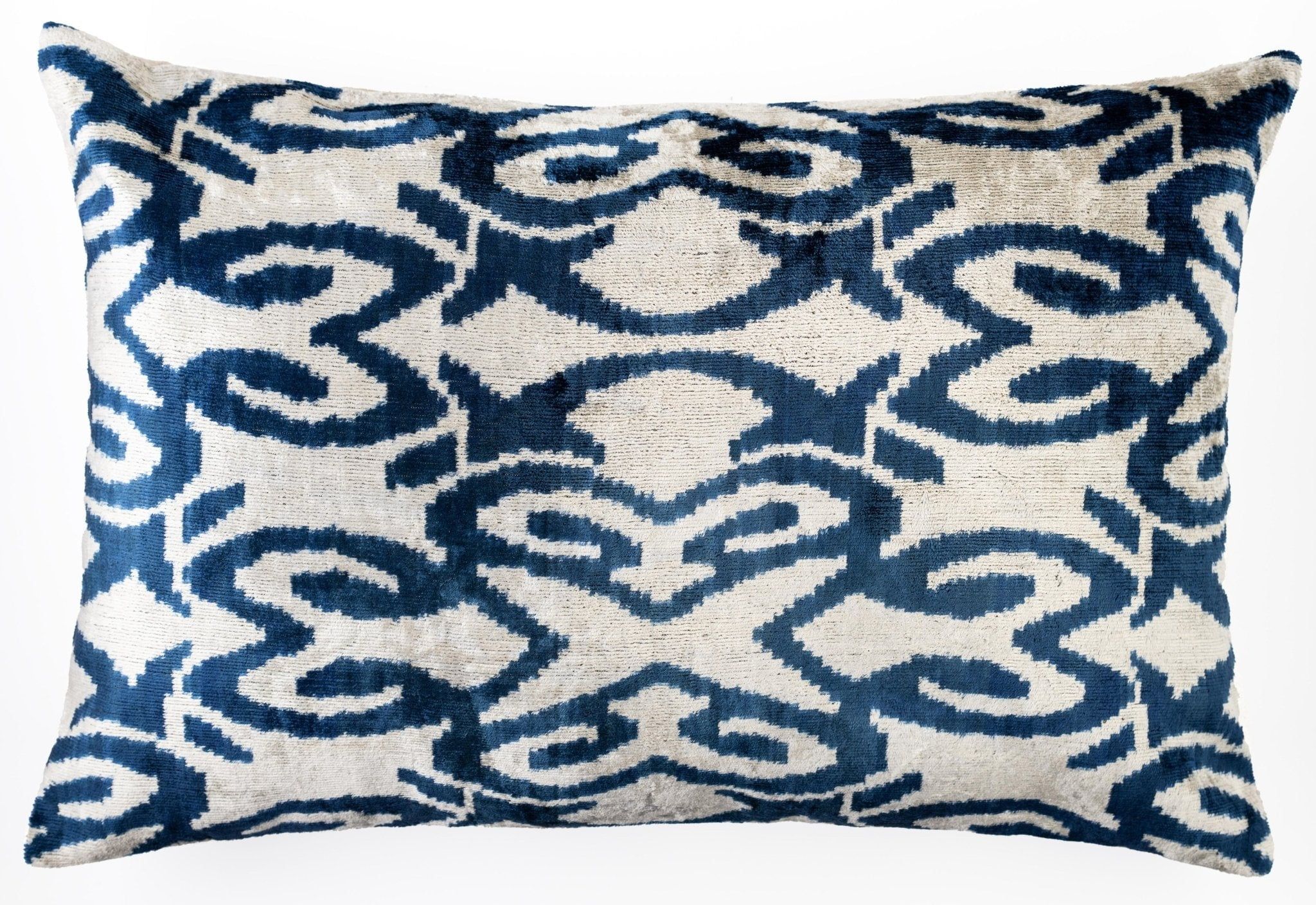 Luxurious Blue and Ivory Silk Velvet Lumbar Pillow with Down Insert