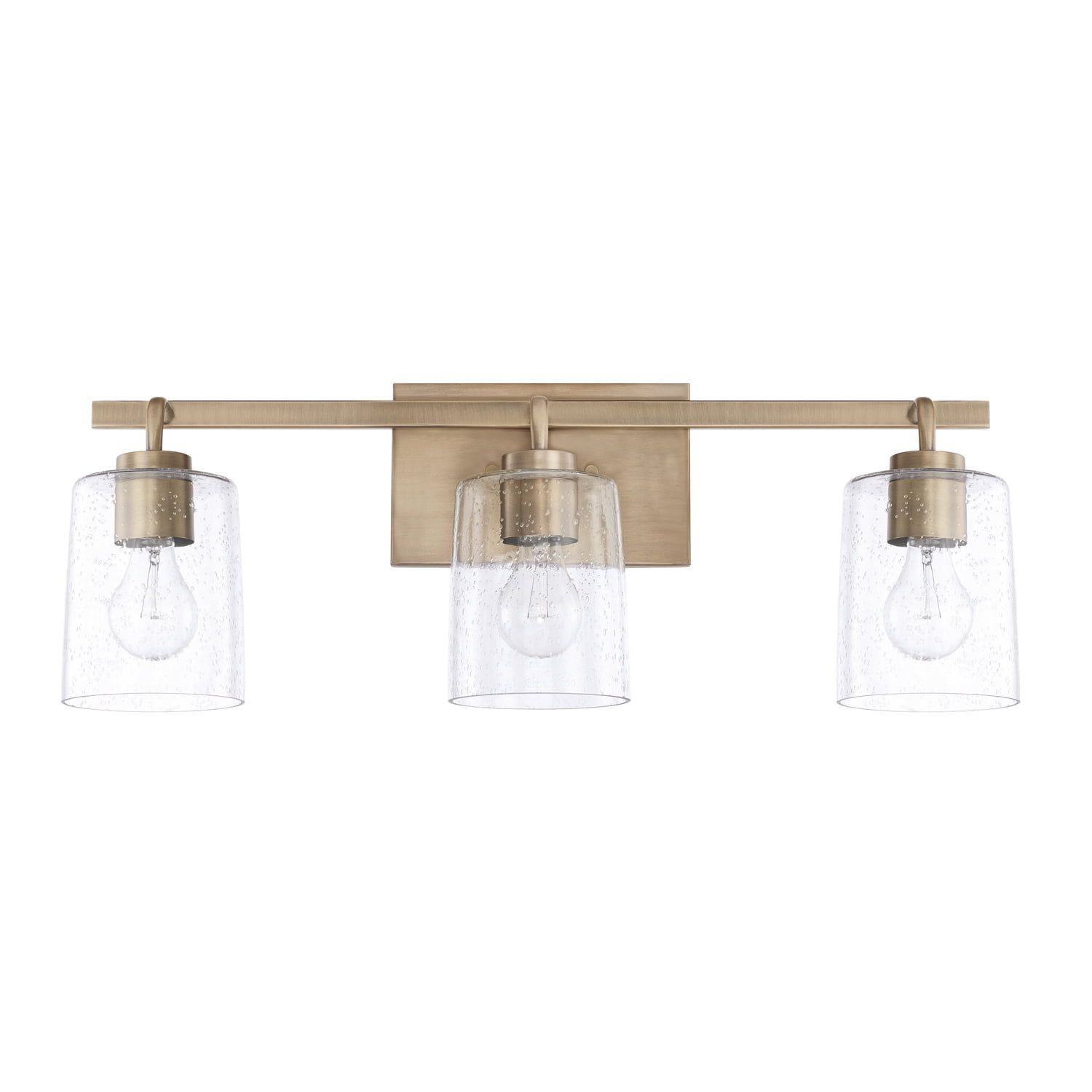 Elegant Greyson 3-Light Vanity in Aged Brass with Seeded Glass Shades