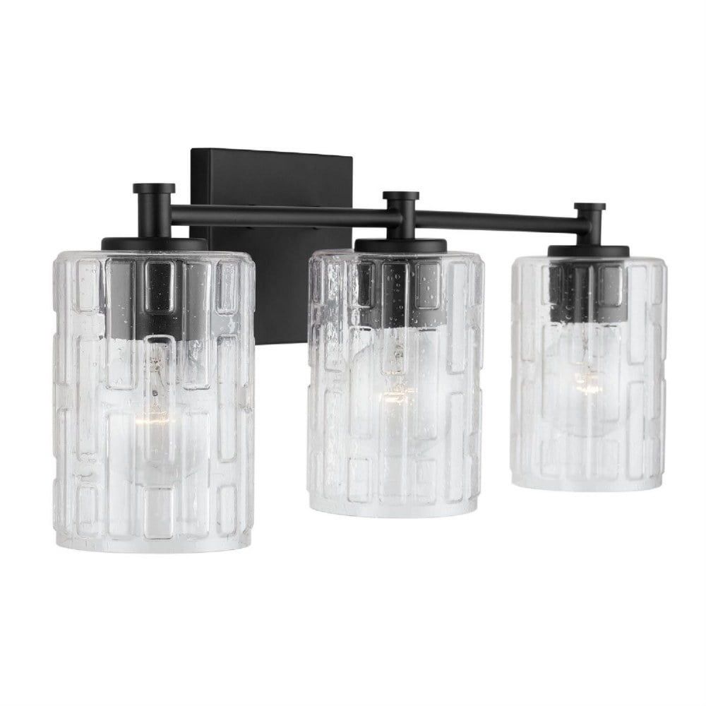 Matte Black 3-Light Vanity with Embossed Seeded Glass