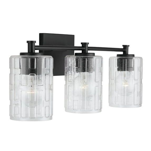 Matte Black 3-Light Vanity with Embossed Seeded Glass