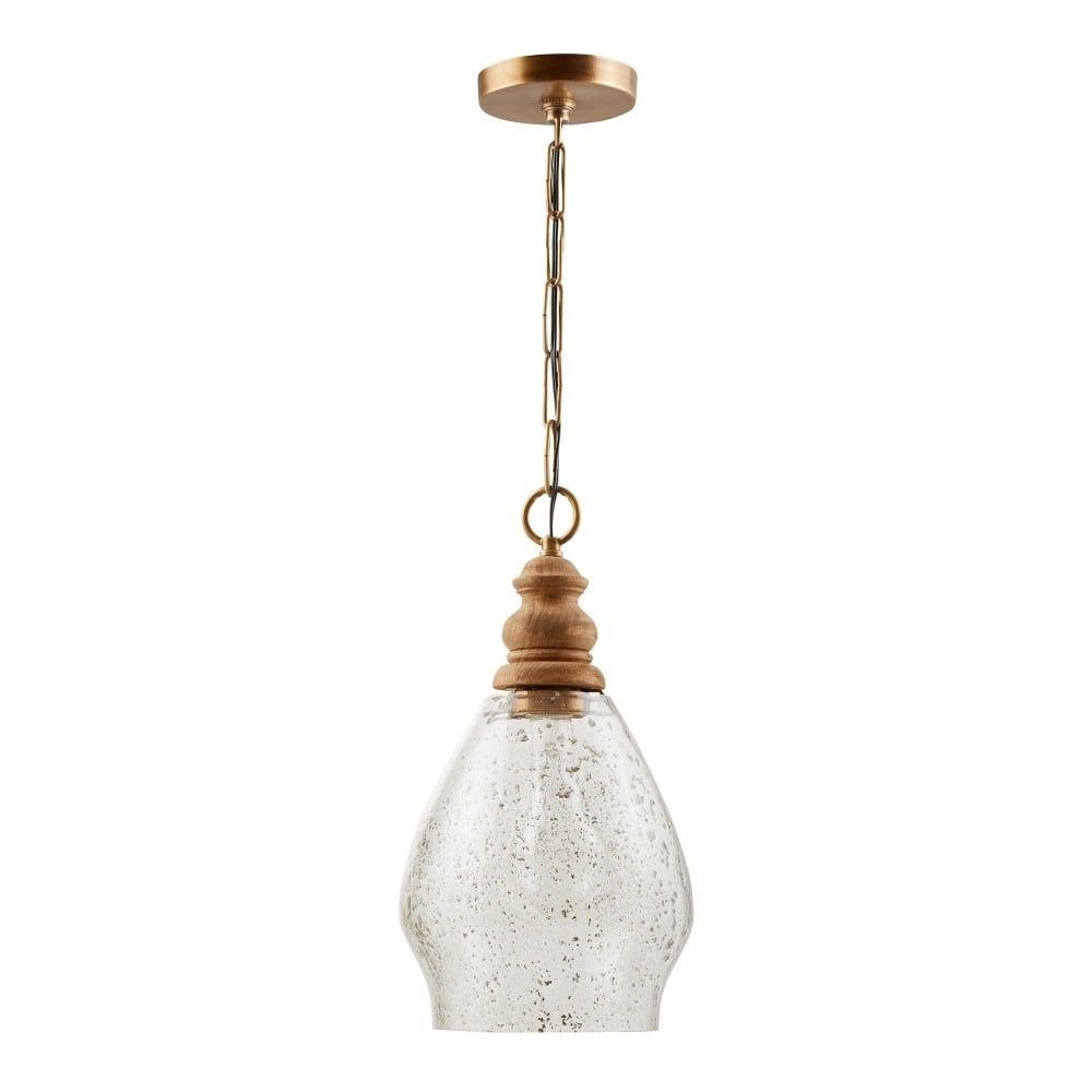 Light Wood and Brass Pendant with Clear Seeded Glass Shade