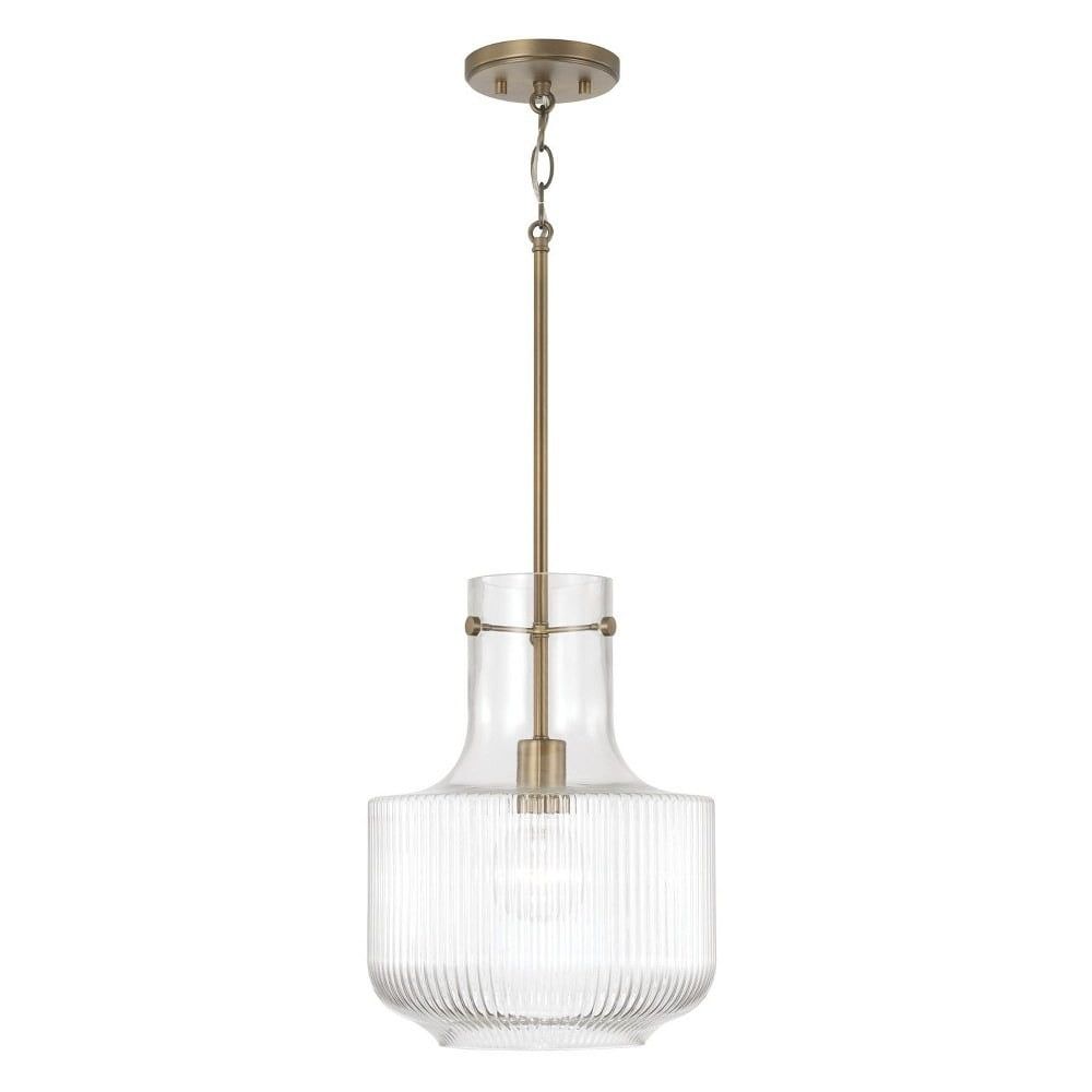 Aged Brass and Clear Fluted Glass Pendant Light