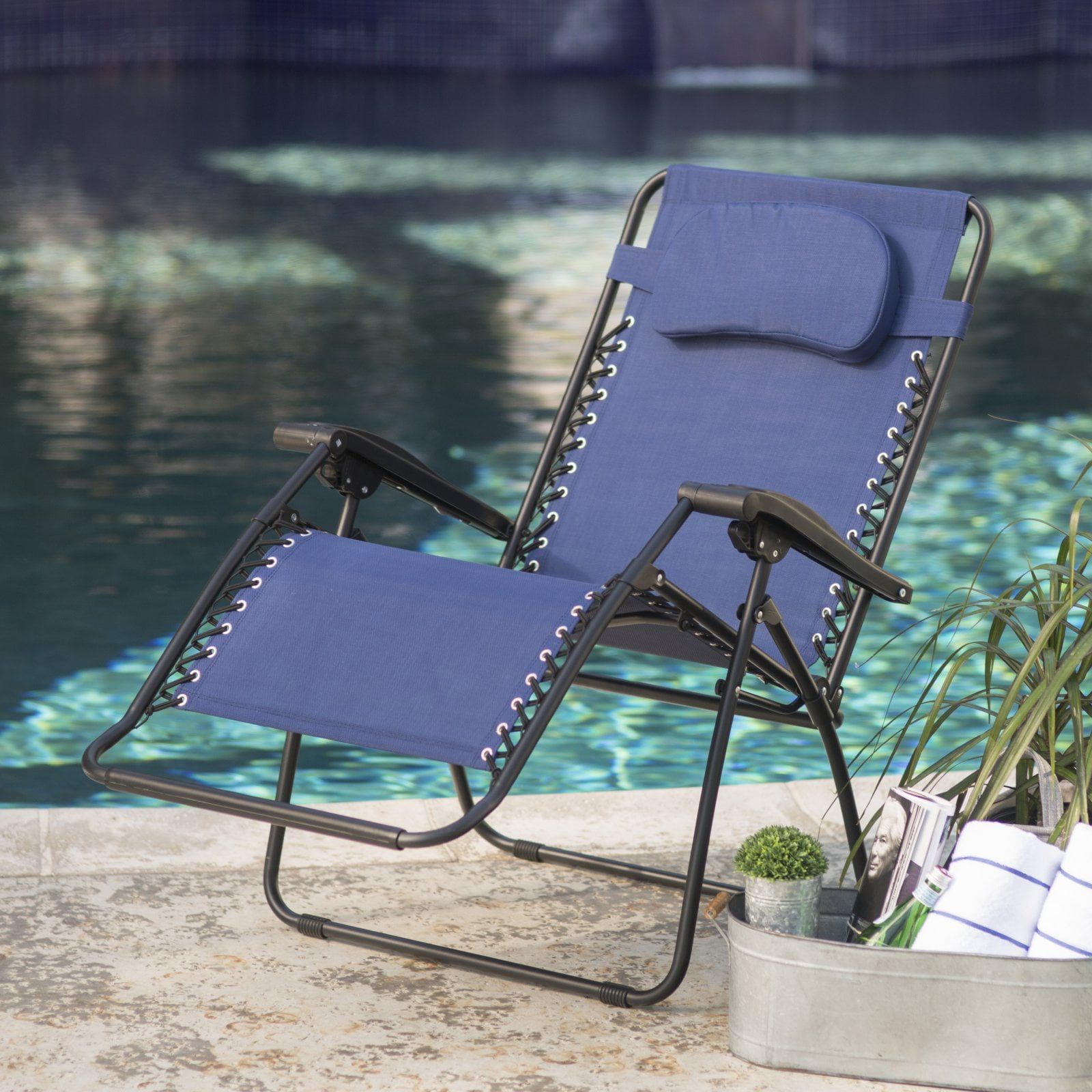 Oversized Blue Steel and Textilene Zero Gravity Lounger with Cushions