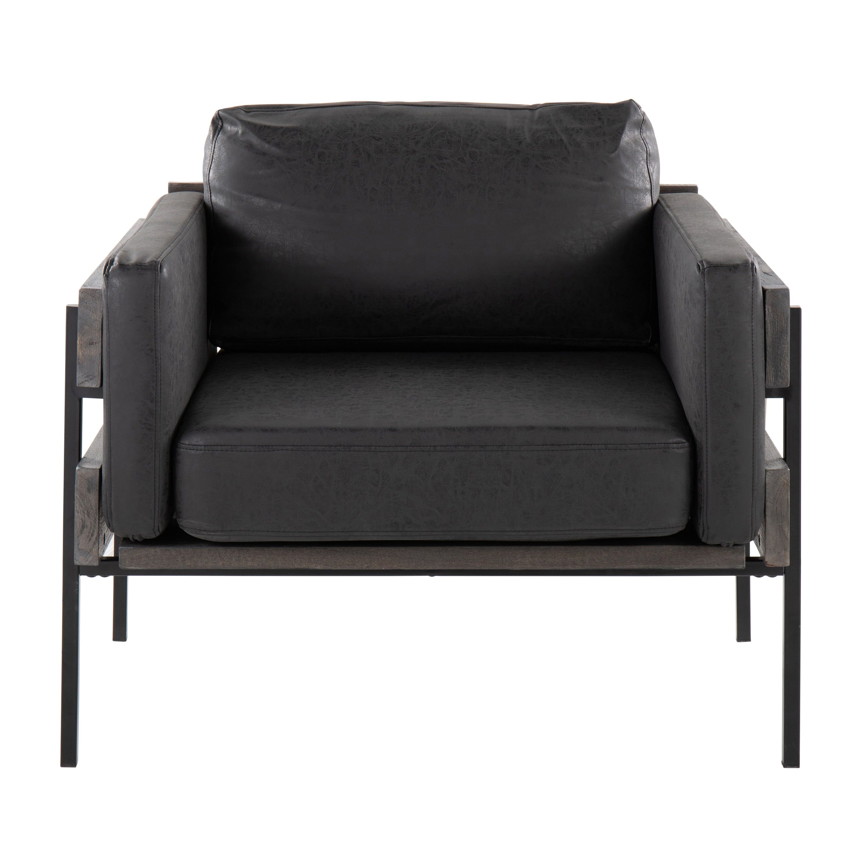 Black Faux Leather Accent Chair with Grey Wood and Metal Frame