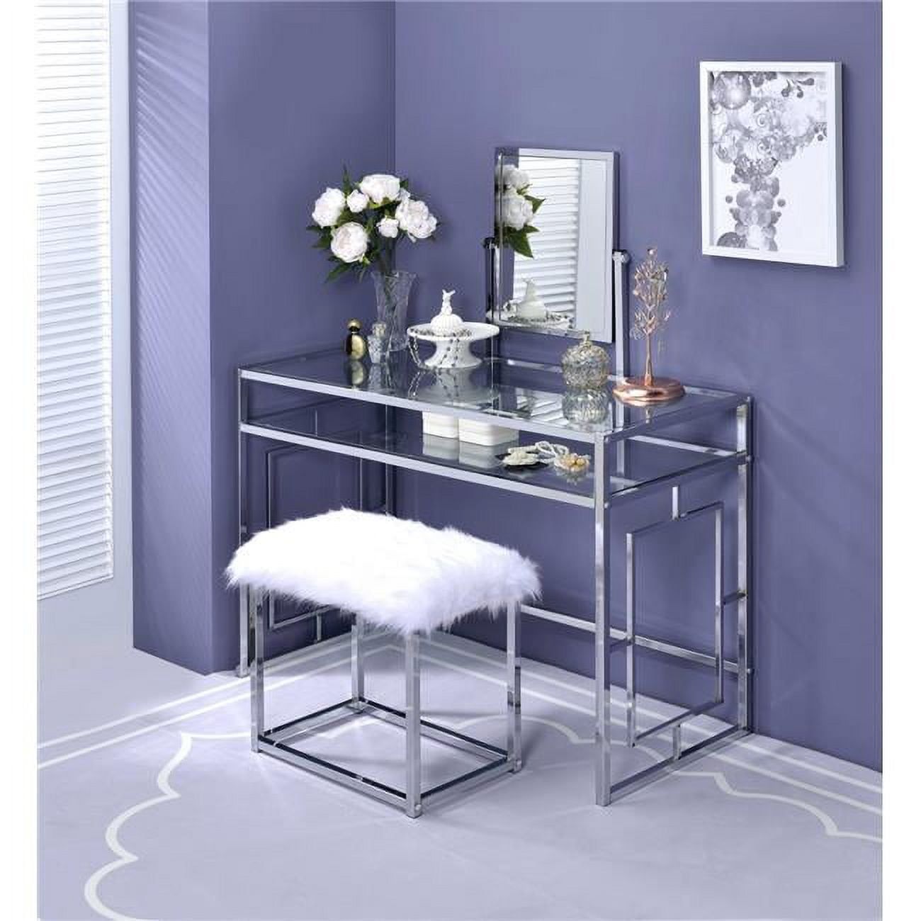 Carenze Chrome & White Faux Fur Vanity Set with Tilt Mirror