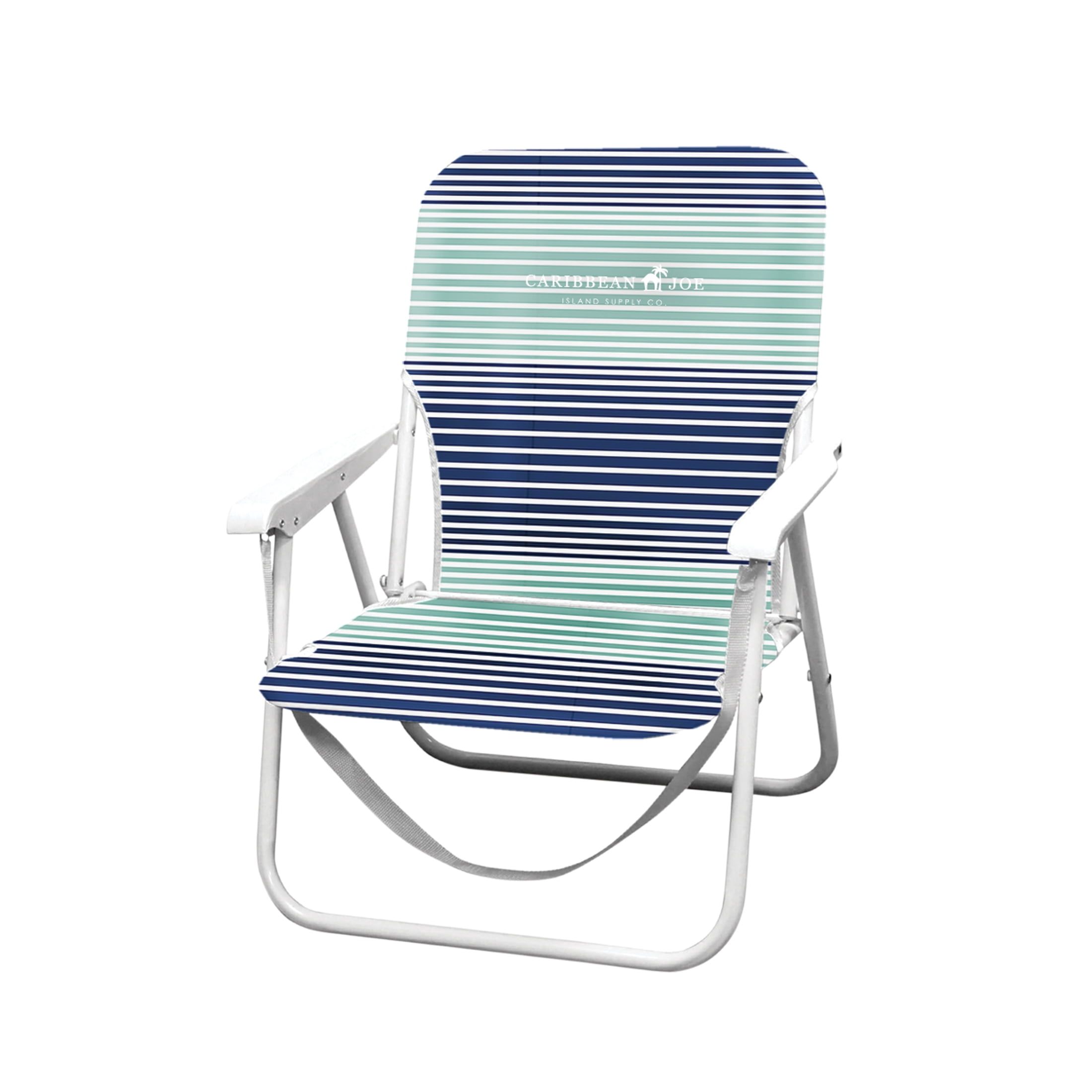 Blue Striped Folding Beach Chair with Armrests