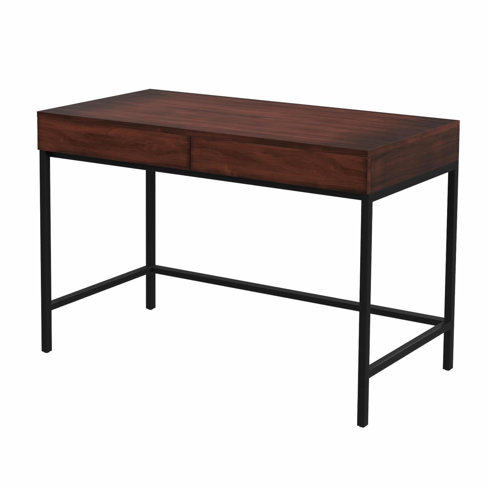 Carl 45" Black Metal Base & Walnut Finish Wood Writing Desk with Drawers