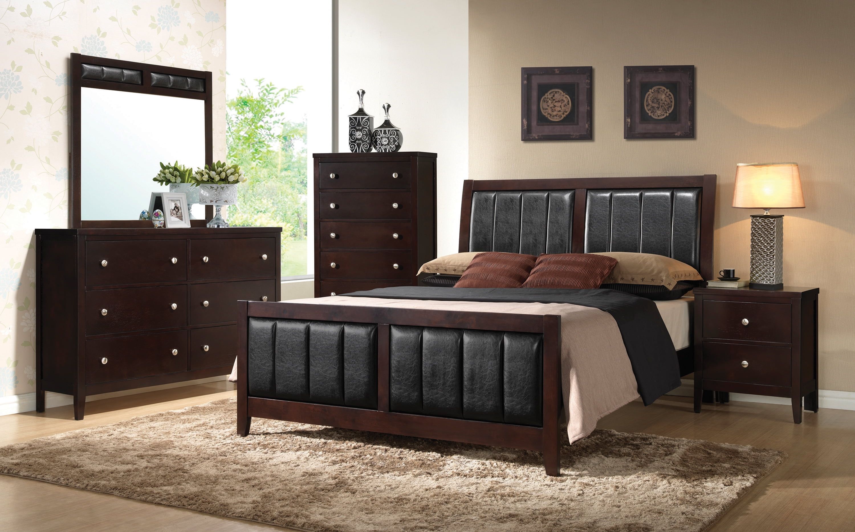 Carlton Cappuccino Queen Bedroom Set with Black Upholstered Headboard