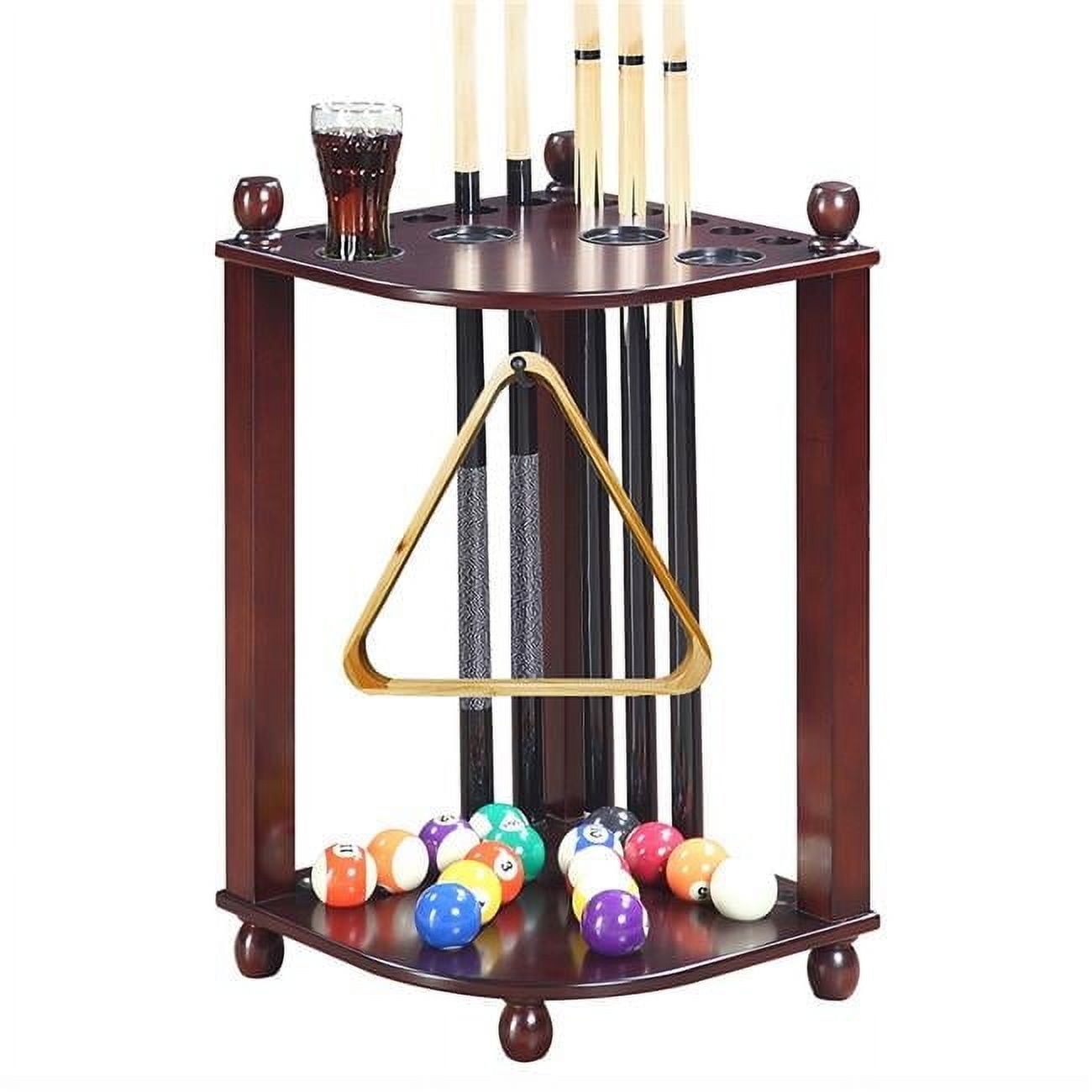 Mahogany Corner Floor Cue Rack with Drink Holders