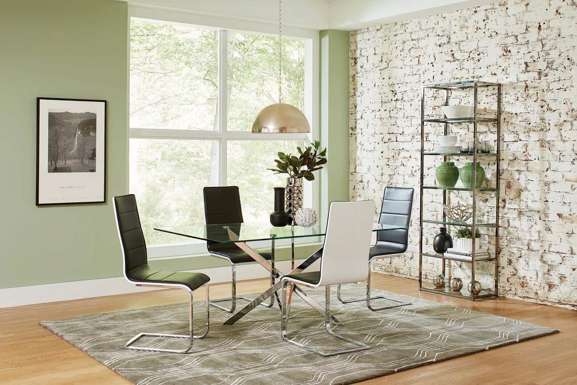 Contemporary Chrome and Glass 5-Piece Dining Set with Black and White Leatherette Chairs