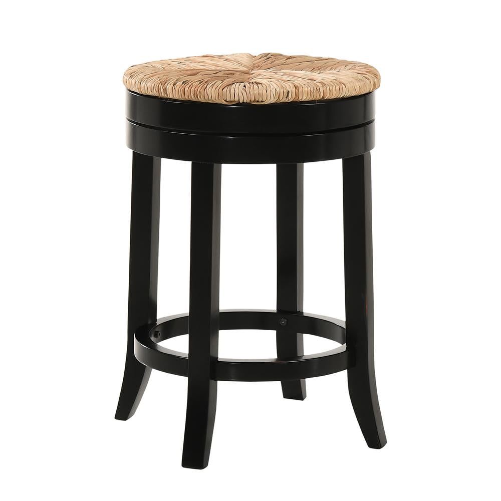 Antique Black 24" Swivel Backless Wood Counter Stool with Rush Seat