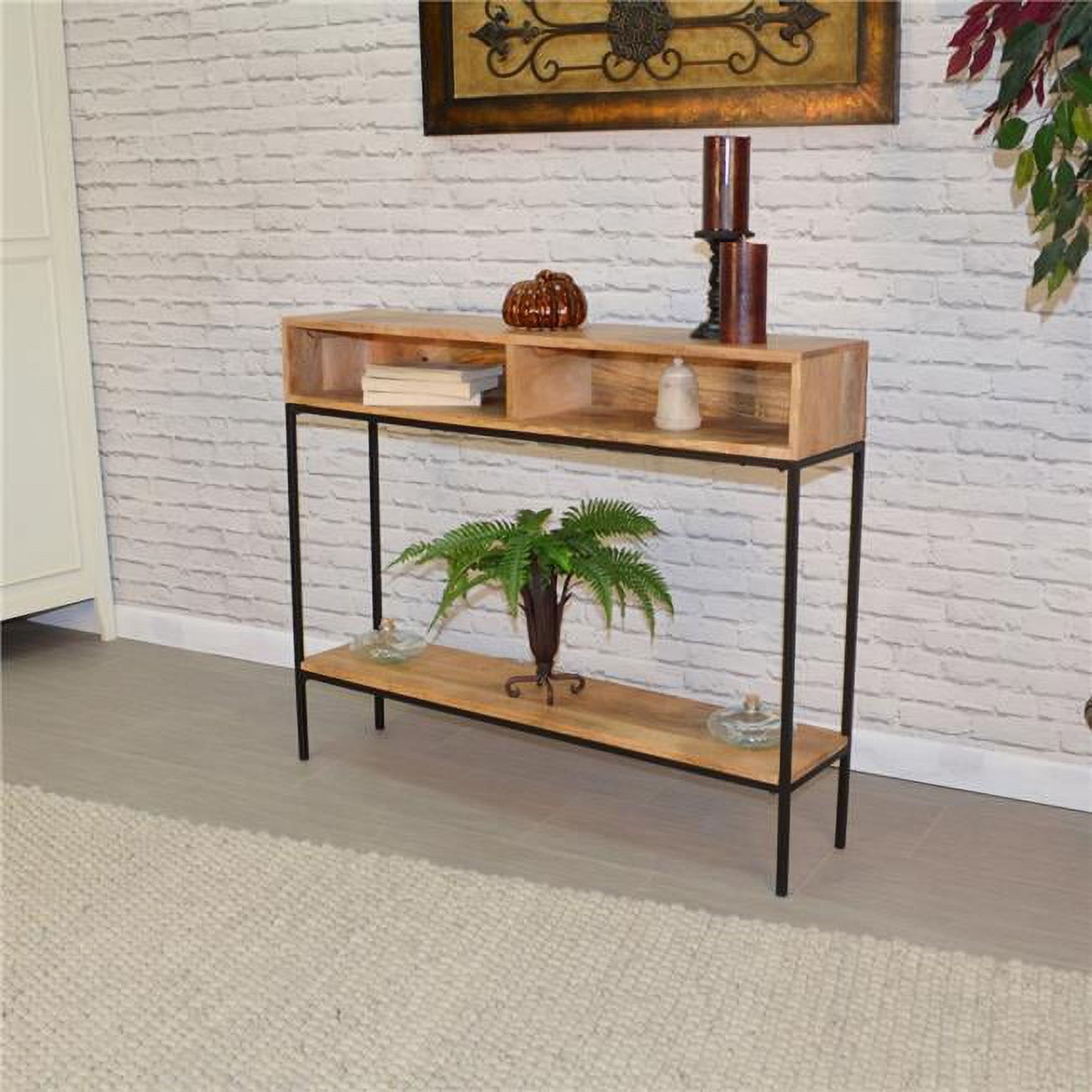 Natural Mango Wood and Black Metal Console Table with Storage