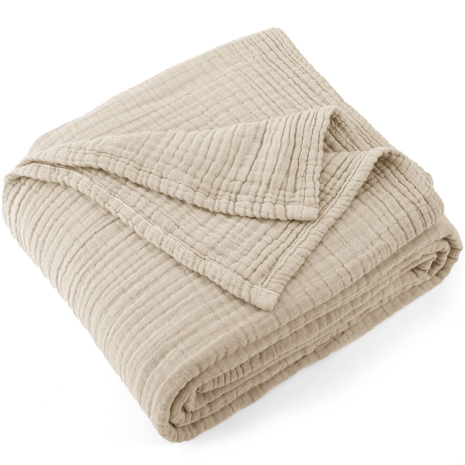 Khaki Cotton Muslin 4-Layer Reversible Throw Blanket