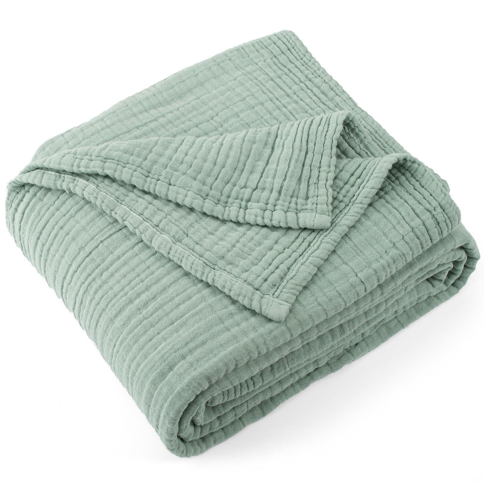 Sage Green Cotton Muslin Reversible Throw Blanket 70" x 80"