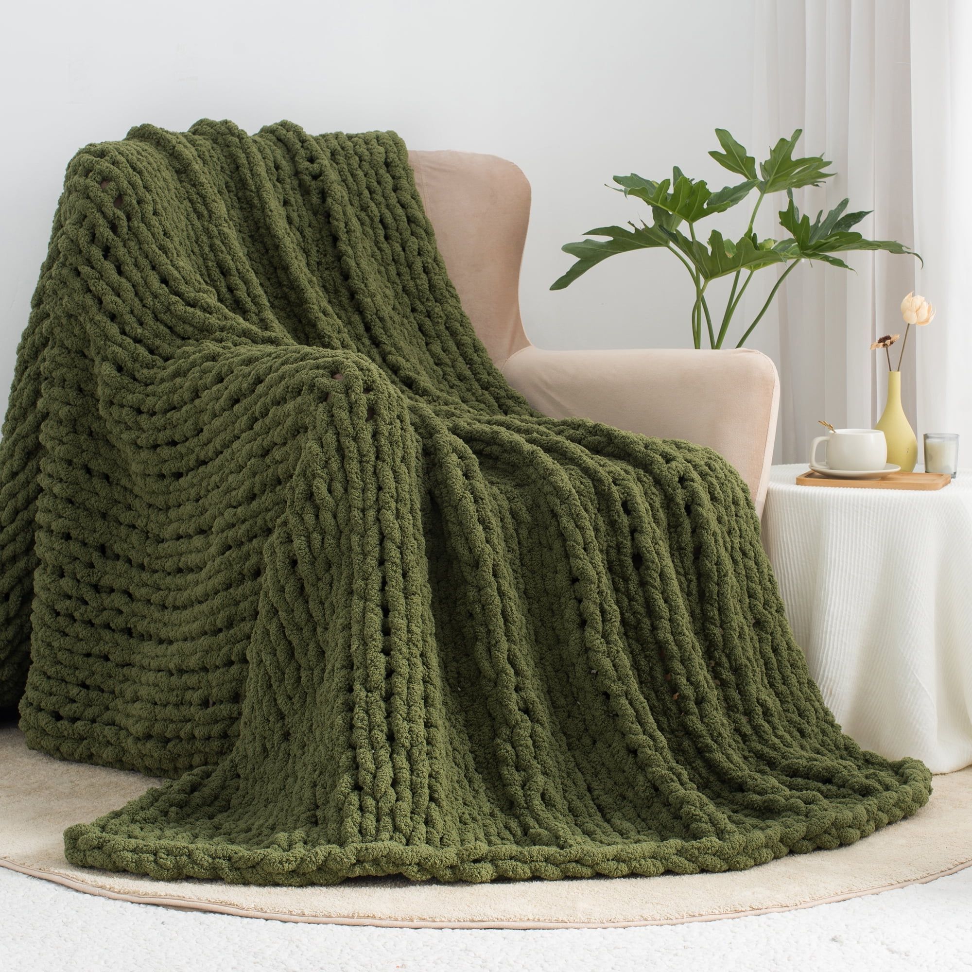 Olive Green Chunky Knit Chenille Throw Blanket, 50" x 60"