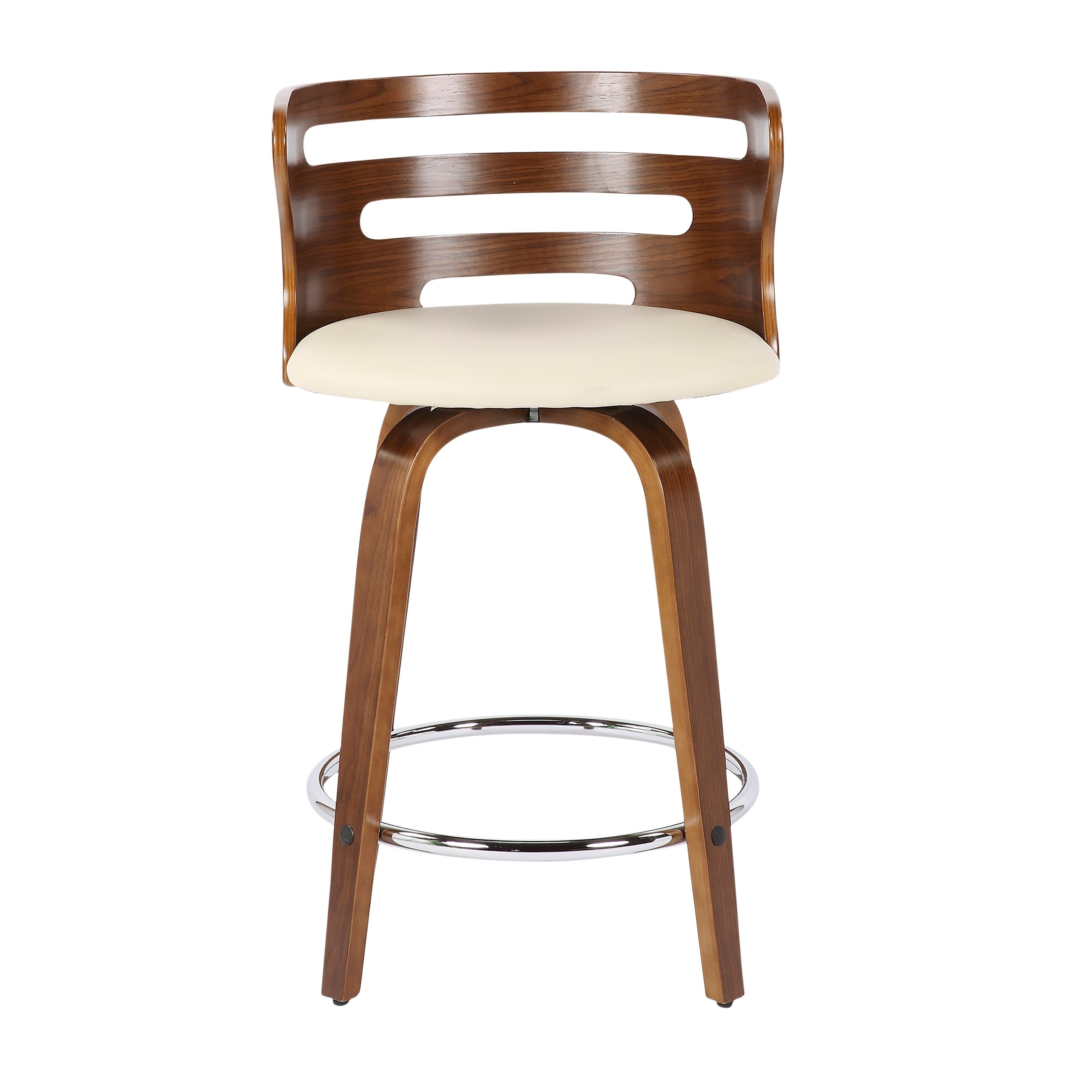 Mid-Century Modern Cream Leather Swivel Counter Stool with Walnut Accents