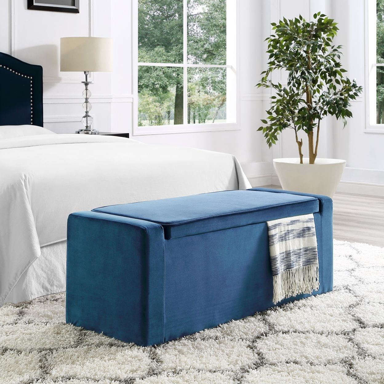 Modern Blue Velvet Upholstered Shoe Storage Bench with Hidden Compartments