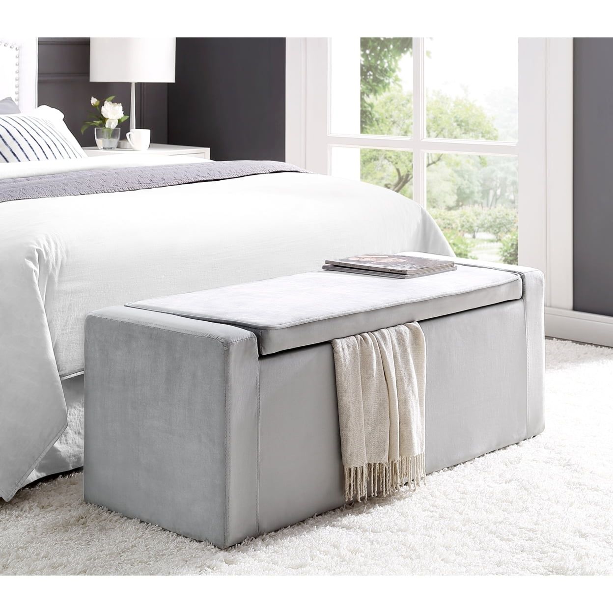 Carson 47" Gray Velvet Upholstered Bedroom Storage Bench