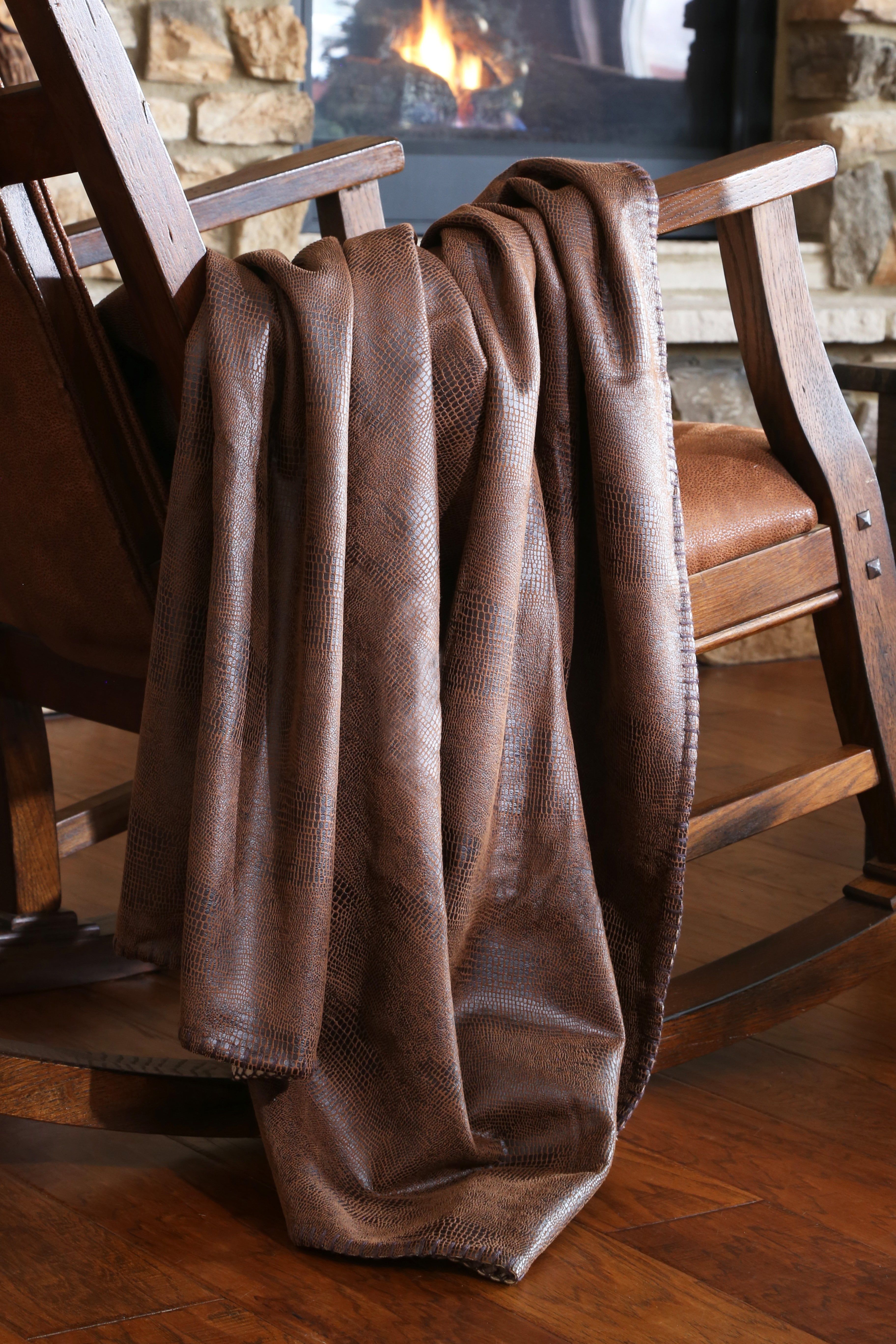 Rustic Crocodile Embossed Faux Leather Throw Blanket, Brown 54"x68"