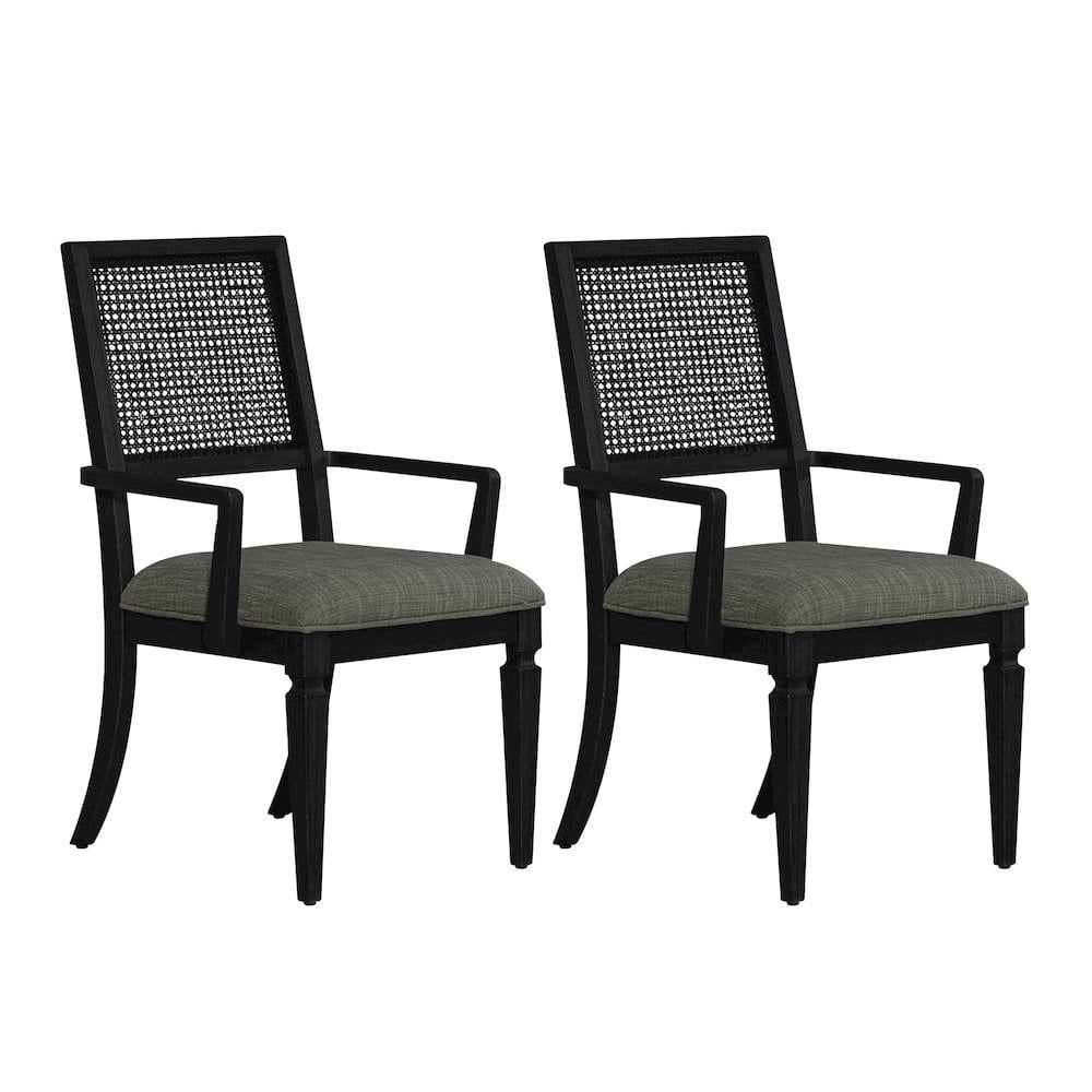 Black Cane Back Arm Chairs with Tweed Upholstered Seat - Set of 2