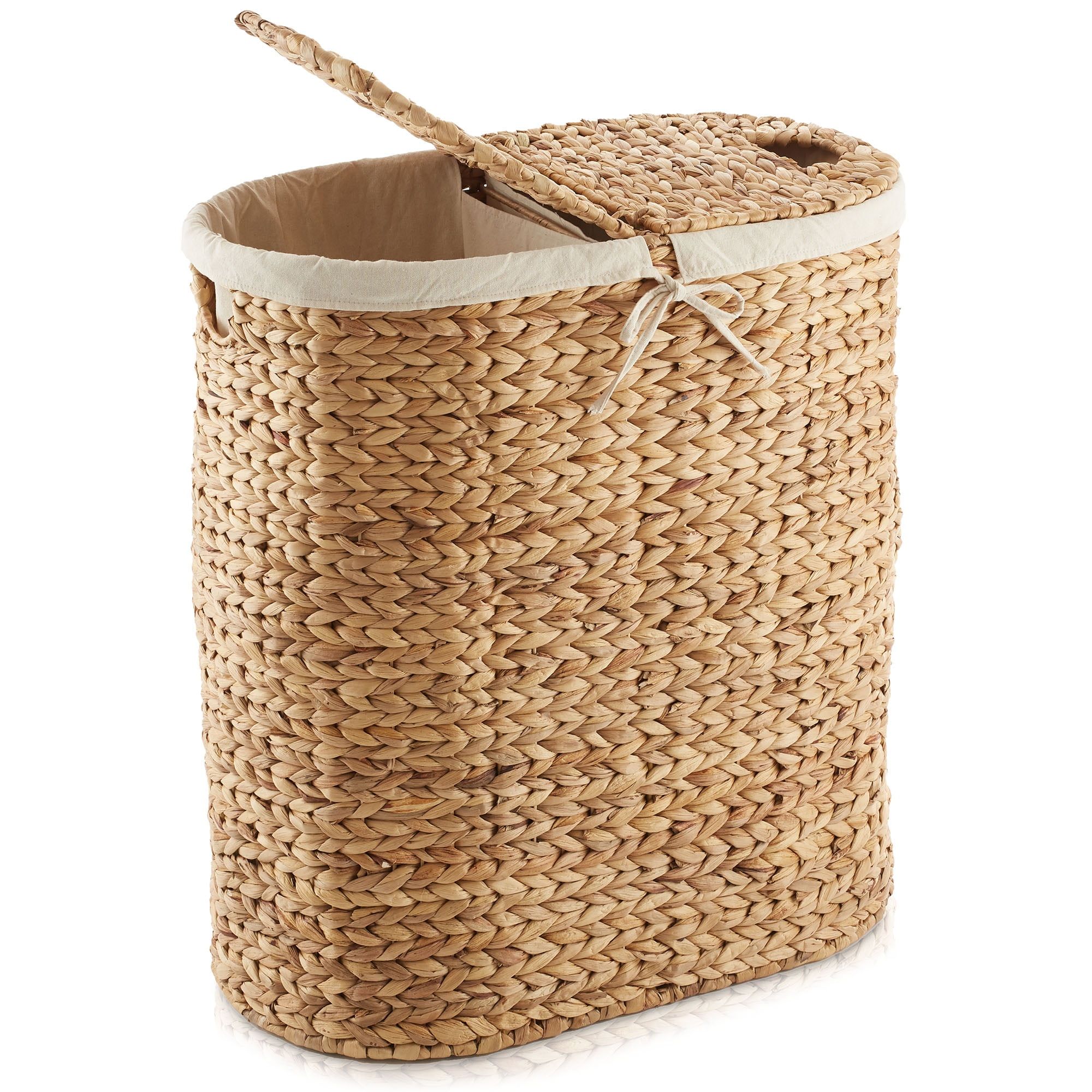 Natural Woven Water Hyacinth 2-Section Laundry Hamper with Lid