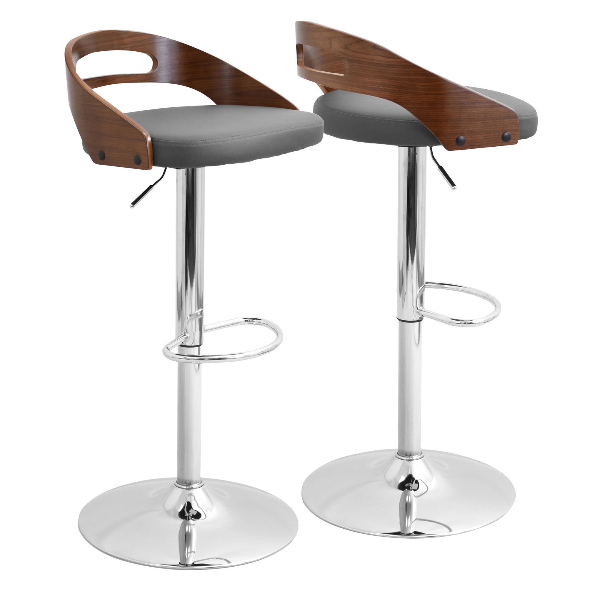 Walnut and Grey Adjustable Swivel Barstool with Leather Seat