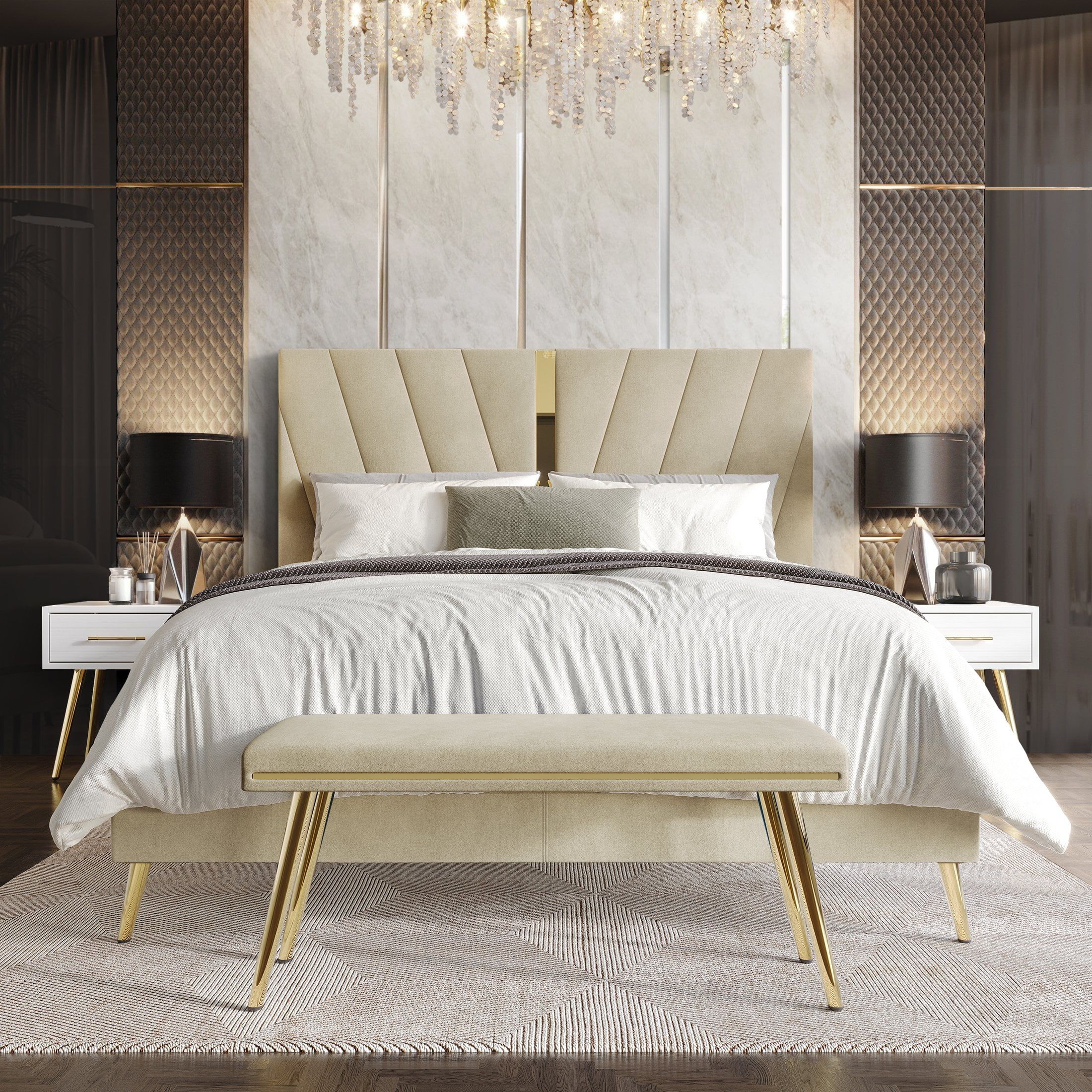 Champagne Full Velvet Upholstered Bed Set with Gold Accents