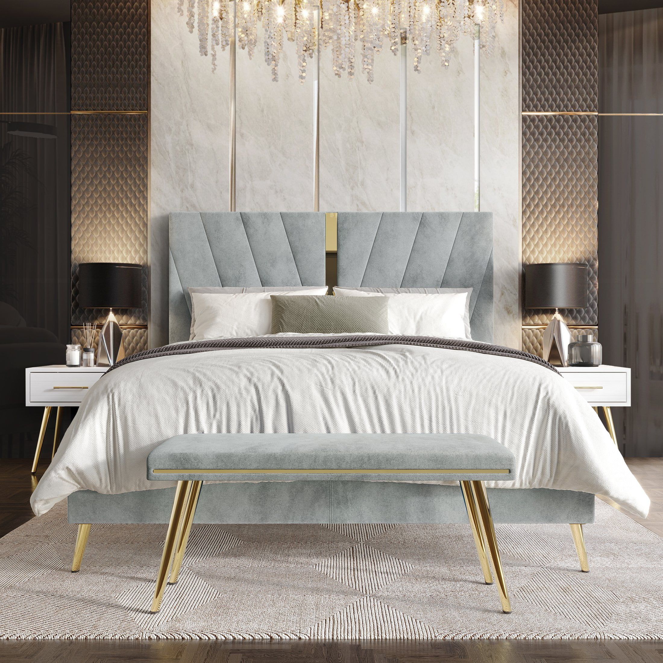 Silver Grey Velvet King Upholstered Bed with Gold Legs and Nightstands