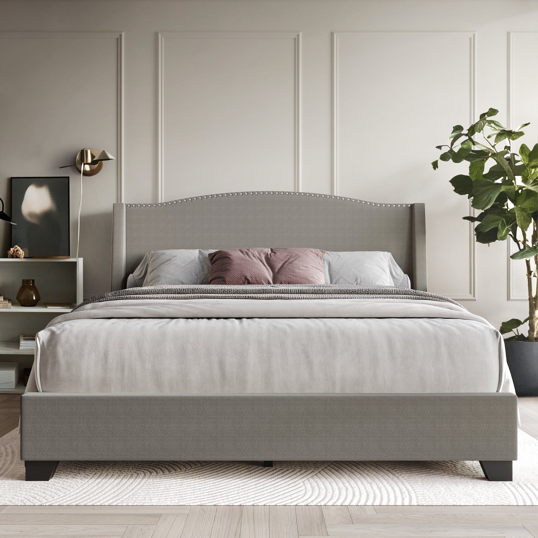 Light Grey King Upholstered Platform Bed with Storage and Nailhead Trim