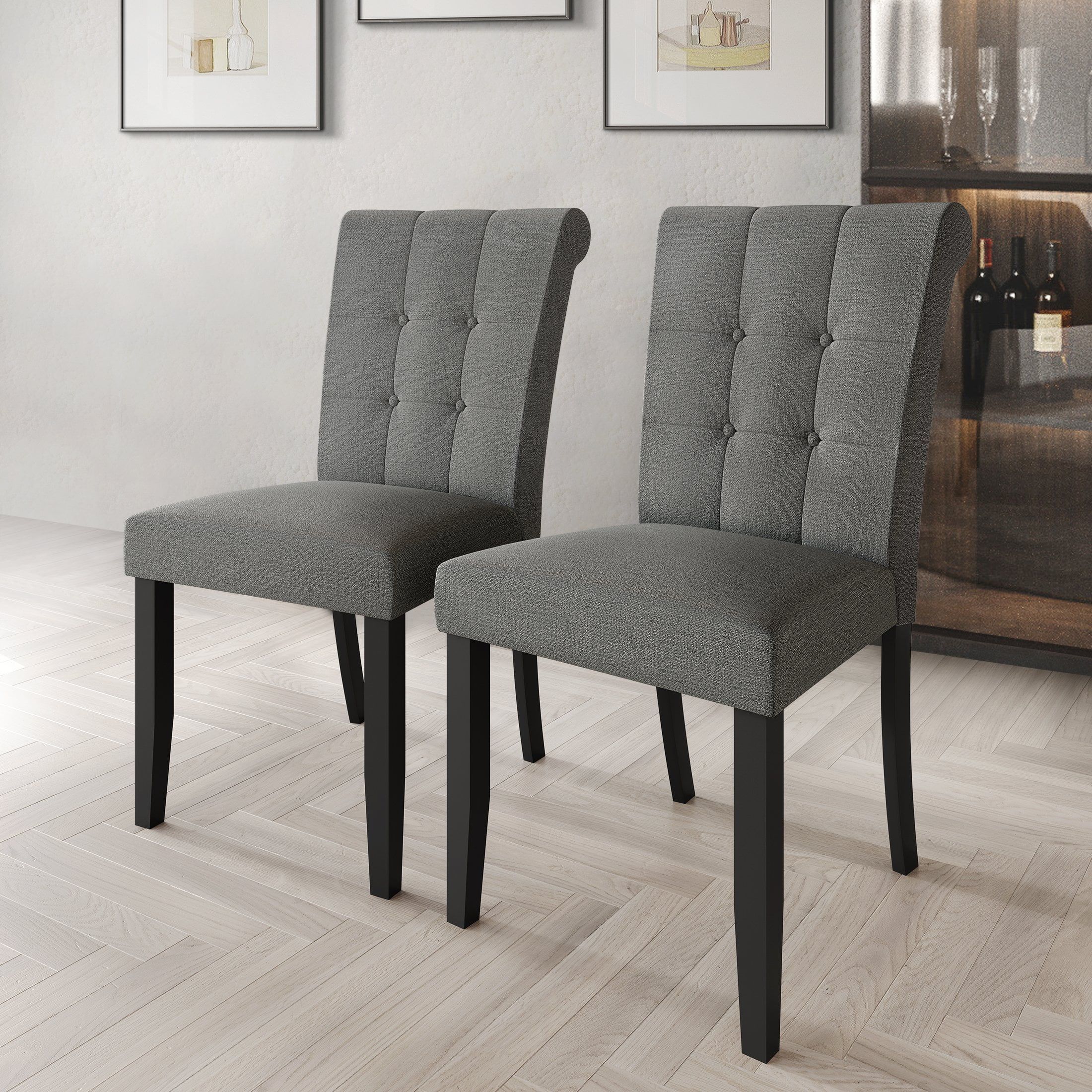 Gray Linen Upholstered Tufted Parsons Side Chairs, Set of 2