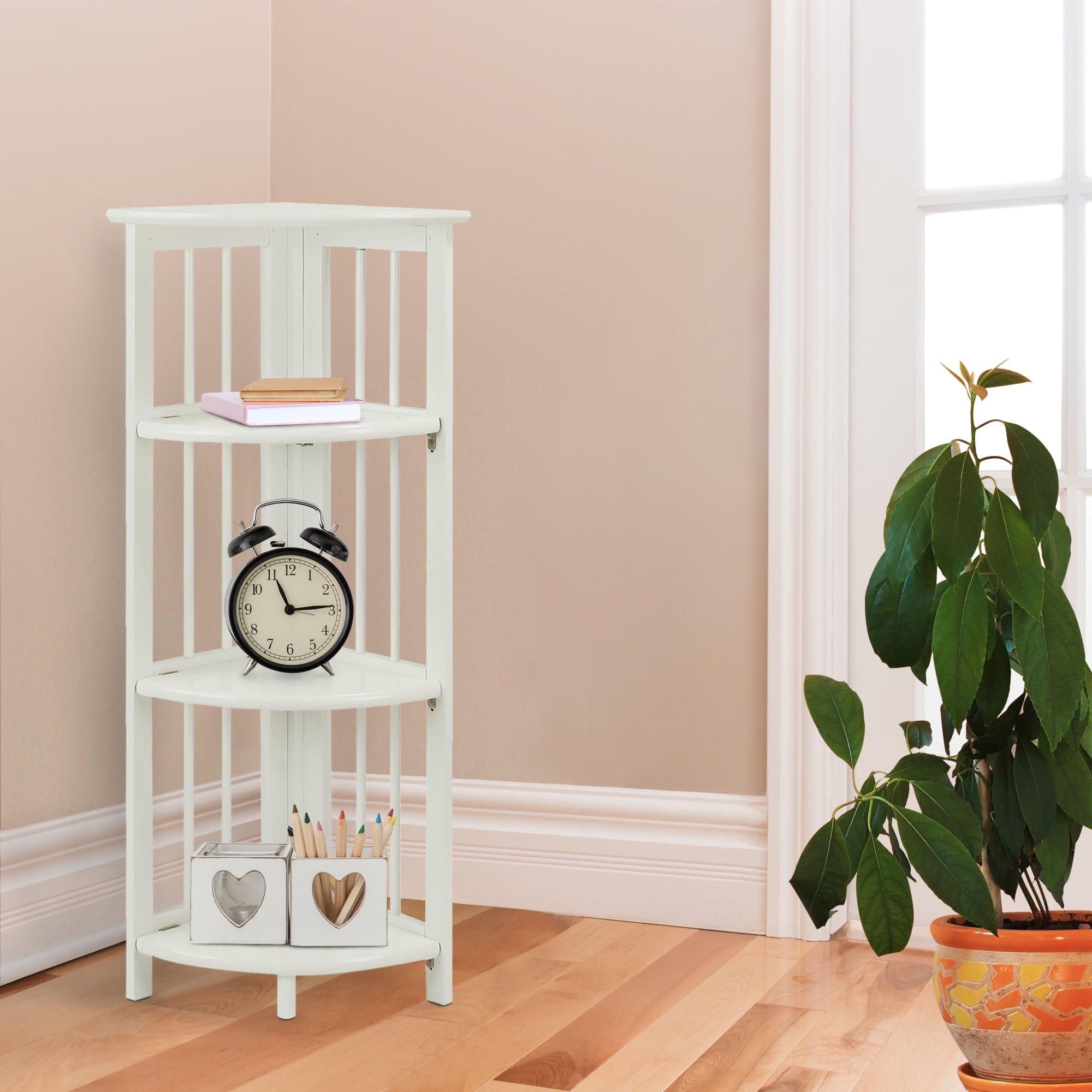 White Solid Wood 4-Shelf Corner Folding Bookcase